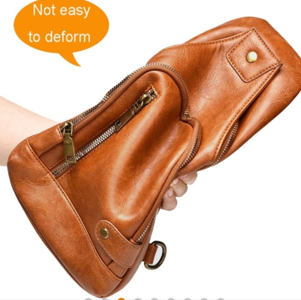 Brown Pleather Sling Bag Multi Pockets 12x8x2.5 New - Picture 3 of 9